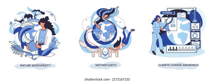 Concienciación sobre el cambio climático, salvar el planeta, Día Mundial del Medio Ambiente, problemas ecológicos del calentamiento global. Día de la Madre Tierra, conjunto de metáforas de la biodiversidad de la naturaleza. Cuidado con el concepto ecológico de entorno