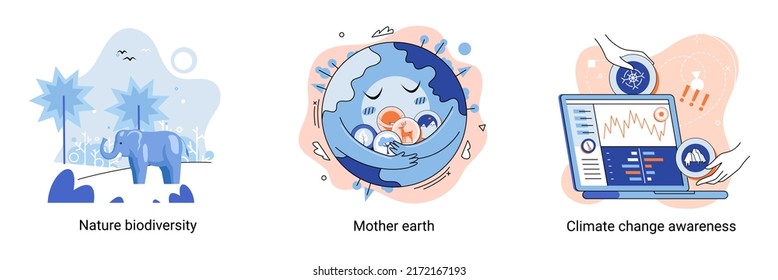 Change climate awareness, saving planet, World Environment Day, global warming ecological problems. Mother Earth day, nature biodiversity metaphor set. Care for surroundings eco concept
