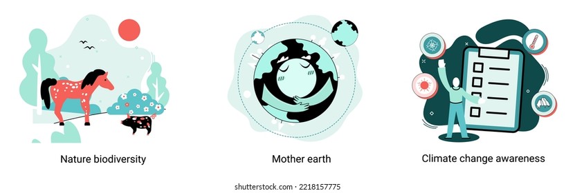 Change climate awareness, saving planet, World Environment Day, global warming ecological problems. Mother Earth day, nature biodiversity metaphor set. Care for surroundings eco concept