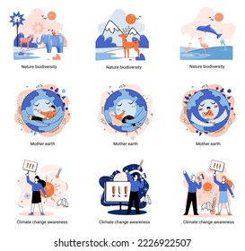 Change climate awareness, saving planet, World Environment Day, global warming ecological problems. Mother Earth day, nature biodiversity metaphor set. Care for surroundings eco concept