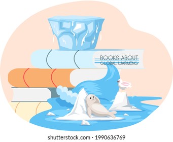 Change Climate, Books About Global Warming, Small White Seal Lies On Ice Floe Near Big Iceberg, Temperature Increase Cause Of Melting Of Antarctic Ice. Melting Glaciers, Global Warming, Air Pollution