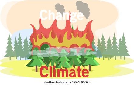 Change climate concept with burning coniferous forest at distance. Ecological problem, fire destroys plants and animals. Harm to environment, danger, drought and global warming, natural disaster