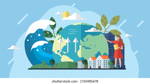 Change climate concept. Vector of climate change and saving the planet, World Environment Day, bio technology, a city on planet. Recycling waste, growing plants and choosing renewable resources
