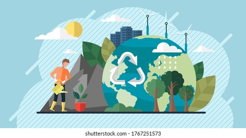 Change Climate Concept. Vector Of Climate Change And Saving The Planet, World Environment Day, Bio Technology, A City On Planet. Recycling Waste, Growing Plants And Choosing Renewable Resources