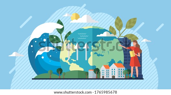 Change climate concept. Vector of climate\
change and saving the planet, World Environment Day, bio\
technology, a city on planet. Recycling waste, growing plants and\
choosing renewable\
resources
