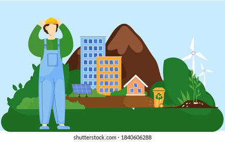 Change climate factory. A man holding his head with his hands. Environmental protection, clean planet with green energy sourses in big city. Ecological concept people care about the earth