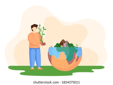 Change climate factory. A man holds a sprout in his hands, takes care of the purity of nature. Environmental protection, clean planet with green energy. Ecological concept people care about the earth