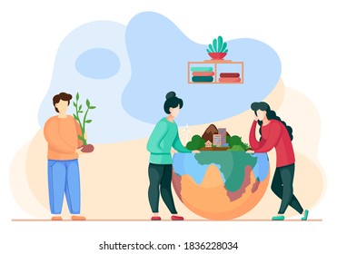 Change climate factory. People think how to keep clean air on the planet earth. A man holds a sprout in his hands, takes care of the purity of nature. Environmental protection with green energy