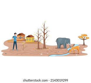 Change climate, problem of disappearing water sources, drought, ecological disaster on planet. Earth environmental trouble poster concept. Dried, hot and depleted planet, cracked ground withered trees