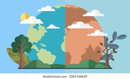 Change climate, problem of disappearing water sources, drought, ecological disaster on planet. Earth environmental trouble poster concept. Dried, hot and depleted planet, cracked ground withered trees