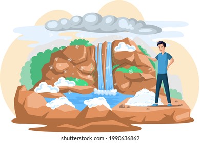 Change climate, problem of natural water sources, excess water on planet due to melting glaciers. Man stands next to rock and waterfall in mountains landscape with plants, rocks, snow falls from cloud