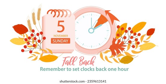 Change clock back one hour, Fall Back concept. Daylight Saving Time Ends at sunday, 5 november 2023. Web reminder banner with calendar date and clock arrow turning back an hour, vector illustration