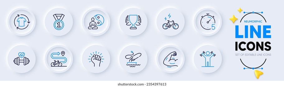 Change clothes, Empower and Bike path line icons for web app. Pack of E-bike, Best rank, Timer pictogram icons. Winner, Boat fishing, Dumbbells workout signs. Strong arm, Yoga, Dumbbell. Shirt. Vector