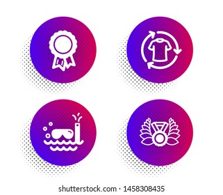 Change clothes, Scuba diving and Success icons simple set. Halftone dots button. Laureate medal sign. Shirt, Trip swimming, Award reward. Laurel wreath. Sports set. Vector