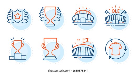 Change clothes, Winner and Sports arena signs. Laureate, Award cup and Arena stadium line icons set. Winner podium symbol. Award shield, Trophy. Sports set. Outline icons set. Vector