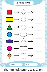 Change color. Colorful shapes.. Learning Basic Shapes. Color, Trace, and Draw. Worksheet for preschool kids. Practicing motor skills. Square circle oval triangle on blue
