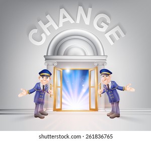 Change concept of a doormen hoding open a door to change with light streaming through it.