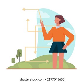 Change concept. Transformation and evolution metaphor. Modification process with time development. Direction changing. Flat vector illustration