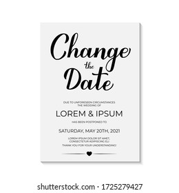 Change The Date card vector template. Postponed wedding due to quarantine coronavirus COVID-19. Calligraphy hand lettering isolated on white. Postponement of ceremony announcement. 