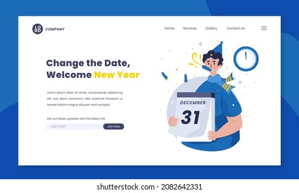 Change the date and happy new year 2022 on flat illustration on landing page concept