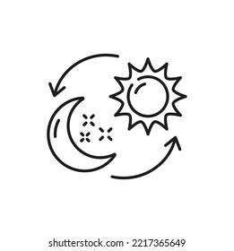 Cambio del concepto diurno y nocturno aislado icono de línea delgada. Sol vectorial, media luna y estrellas, flechas. Luz solar y lunar, noche y mañana, noche y día, sueño y actividad nocturna saludable