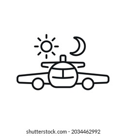 Change of day and night with plane linear icon. Aviation thin line customizable illustration. Contour symbol. Vector isolated outline drawing. Editable stroke