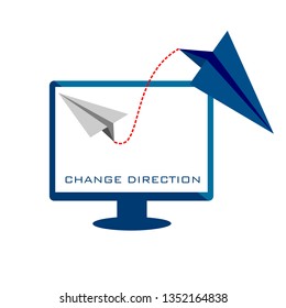 Change direction - business concept vector illustration. Airplane changing direction. New idea, change, trend, courage, creative solution, innovation and unique way concept.