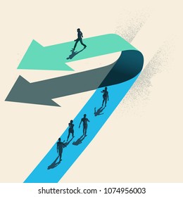 A Change Of Direction. A Businessman Choosing To Walk In The Opposite Direction To Other People On Top Of A Arrow. Business Conceptual Vector Illustration.