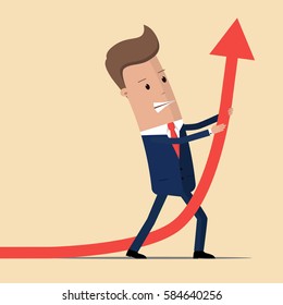 Change of a direction. Businessman cleverly changing the path of a huge arrow to suggest a positive increase. Business concept vector illustration