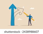 Change direction or career path for best opportunity, turn or transform to different direction, choice or alternative way to progress concept, businessman draw new arrow metaphor of change direction.