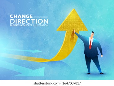 Change of a direction concept. Businessman standing to change the arrow sign's direction upward. Business vector illustration.