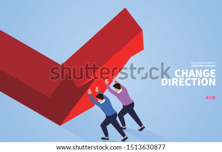 Change direction, two businessmen push the arrow