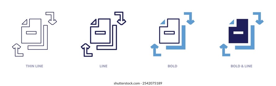 Cambie el icono del documento en 4 estilos diferentes. Línea delgada, línea, negrita y línea negrita. Estilo duotono. Trazo editable.