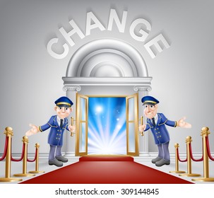 Change door concept of a doormen holding open a door at a red carpet entrance with velvet ropes. Light streaming through it, could be the door to the new future.
