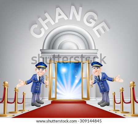 Change door concept of a doormen holding open a door at a red carpet entrance with velvet ropes. Light streaming through it, could be the door to the new future.