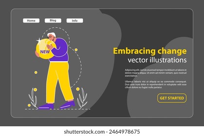 Change Embrace concept A character holds a radiant orb marked 'NEW', symbolizing the acceptance and celebration of new beginnings Captures the essence of adaptability and progress Vector illustration