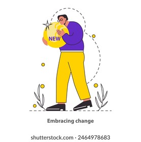 Change Embrace concept A character holds a radiant orb marked 'NEW', symbolizing the acceptance and celebration of new beginnings Captures the essence of adaptability and progress Vector illustration