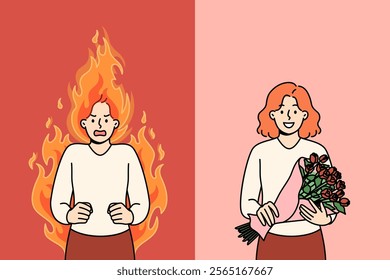 Change in emotions of woman showing rage, standing in middle of flame and becoming better after receiving flowers. Girl emotions change thanks to festive bouquet given on eve of march 8