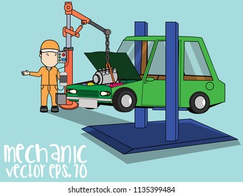 Change engine and Repair car. Flat vector illustration in cartoon style.