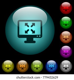 Change to fullscreen view icons in color illuminated spherical glass buttons on black background. Can be used to black or dark templates