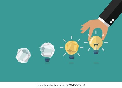 Cambiar el gabage al concepto de idea. Proceso de cambiar el papel arruinado por una idea perfecta. Concepto de negocio. Ilustración del vector