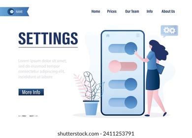 Cambiar la configuración del gadget, plantilla de página de inicio. La usuaria cute mueve deslizadores de configuración. Ajuste del sistema Smartphone, panel de control. Interfaz de usuario móvil. Aplicación en la pantalla del teléfono móvil. Ilustración del vector