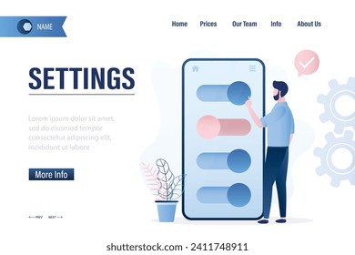 Cambiar la configuración del gadget, plantilla de página de inicio. El usuario masculino mueve deslizadores de configuración. Ajuste del sistema Smartphone, panel de control. Interfaz de usuario móvil. Aplicación en la pantalla del teléfono móvil. Ilustración vectorial plana