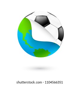 change globe to football. Icon design. Our planet changes in soccer ball. Illustration isolated on white background.