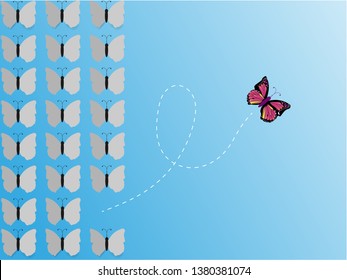 Change Group of  butterfly change disruptive  in one direction and with one individual pointing in the different way. Business concept for change  new ideas creativity and innovative solution disrupt