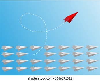 Change Group of paper plane change disruptive  in one direction and with one individual pointing in the different way. Business concept for change  new ideas creativity and innovative solution disrupt