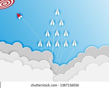 Change Group of paper plane change disruptive  in one direction and with one individual pointing in the different way. Business concept for change  new ideas creativity and innovative solution disrupt