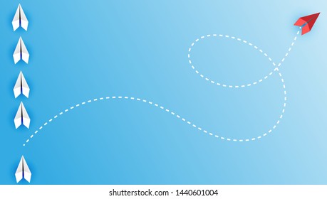 Change Group of paper plane change disruptive  in one direction and with one individual pointing in the different way. Business concept for change  new ideas creativity and innovative solution disrupt