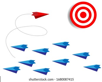 Change Group of paper plane change disruptive  in one direction and with one individual pointing in the different way. Business concept for change  new ideas creativity and innovative solution disrupt