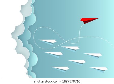 Change Group of paper plane change disruptive  in one direction and with one individual pointing in the different way. Business concept for change  new ideas creativity and innovative solution disrupt